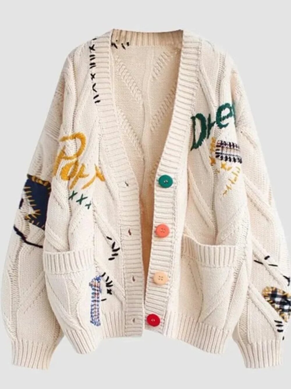 Patchwork Knit Embroidery College V-Neck Cardigan Button Up Sweater - Picture 2 of 6